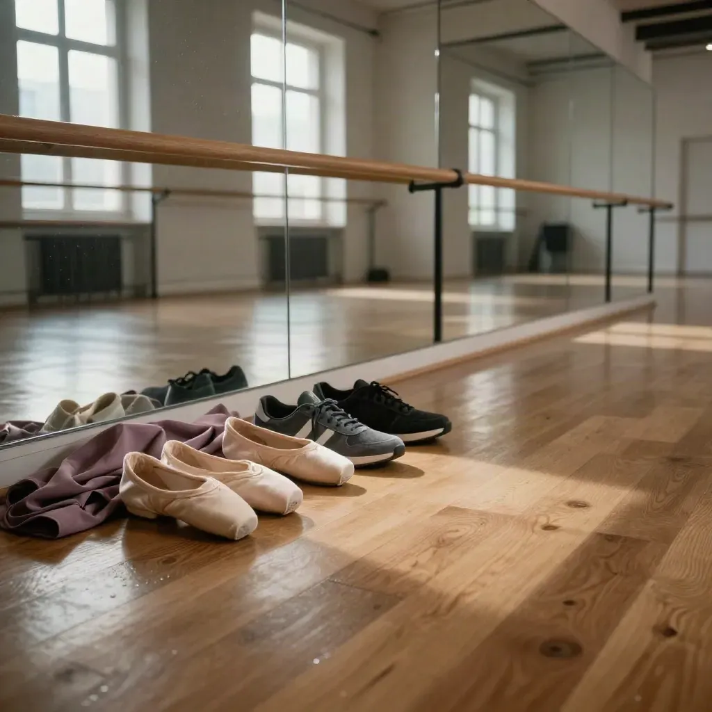 Sala danza milanese con scarpe, barra e drappo, luce radente e pavimento lucido dopo la pioggia.