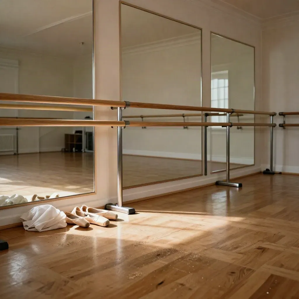 Sala di balletto luminosa con sbarra, specchi, pavimento in acero e scarpette da punta