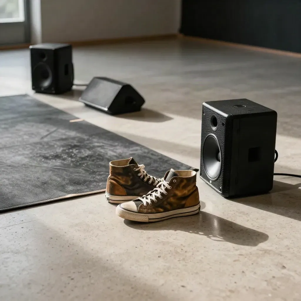 Scarpe hip hop e casse compatte su tappeto scuro con polvere in sala danza