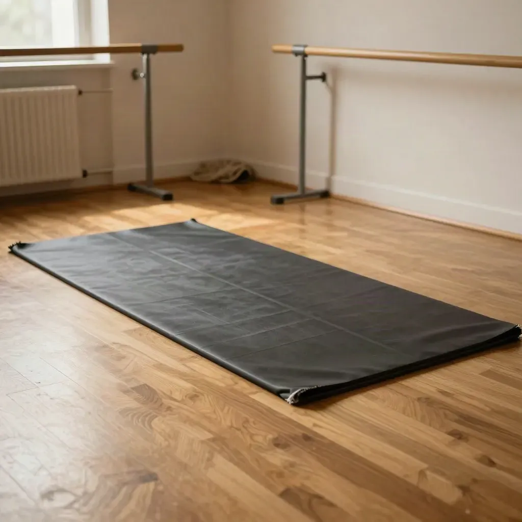 Angolo di modern dance con parquet, tappeto ripiegato, nastro e sbarra minimale.