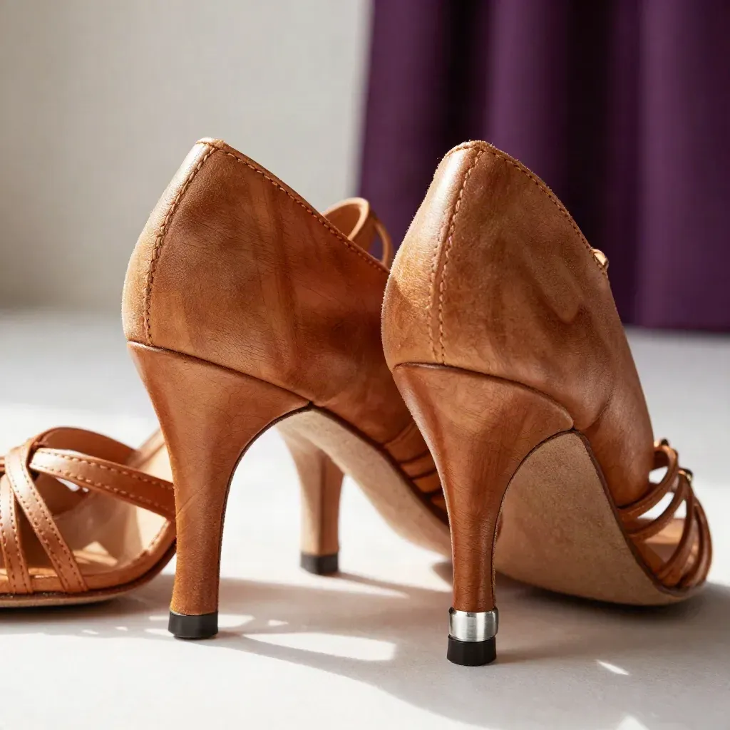 Primo piano di scarpe da danza latina, shaker ritmico e parquet con tenda scenica sullo sfondo.