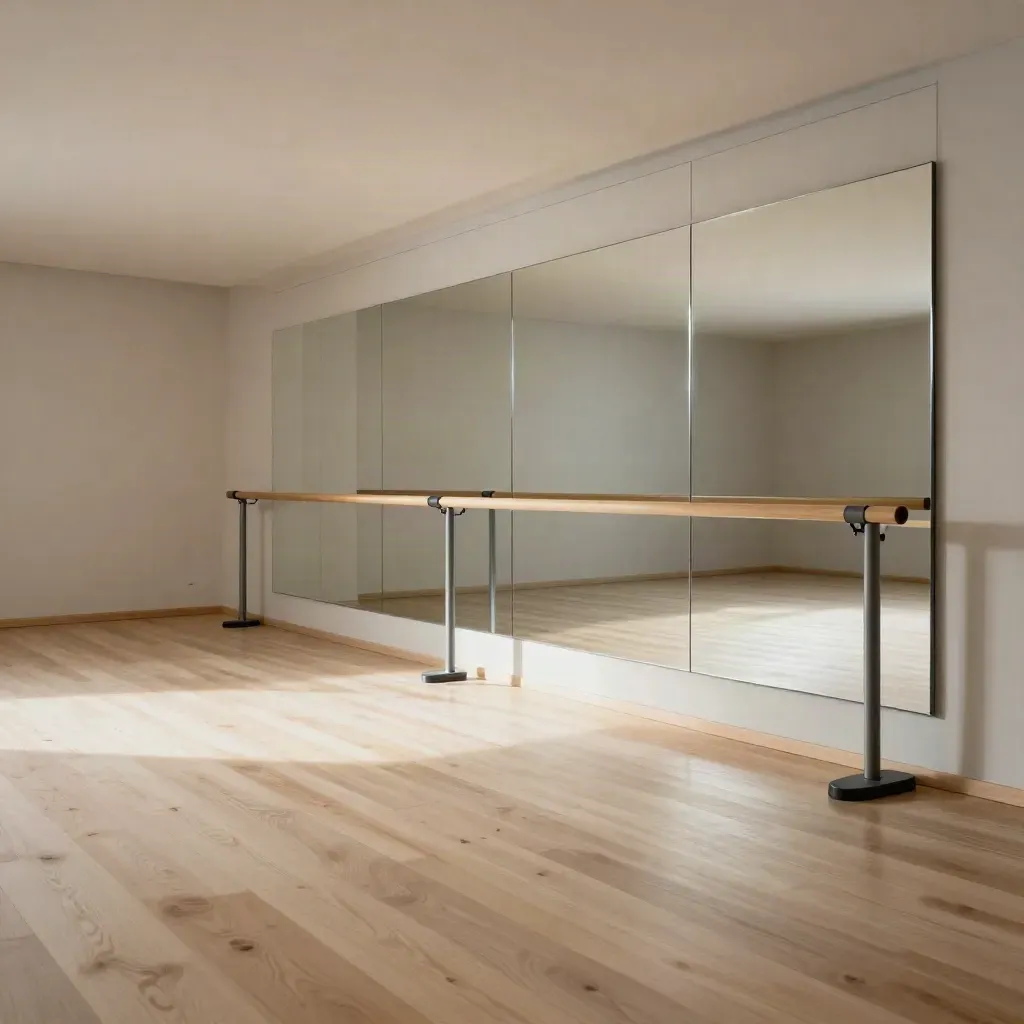 Sala danza moderna e balletto vuota con specchi, sbarre allineate e parquet luminoso.