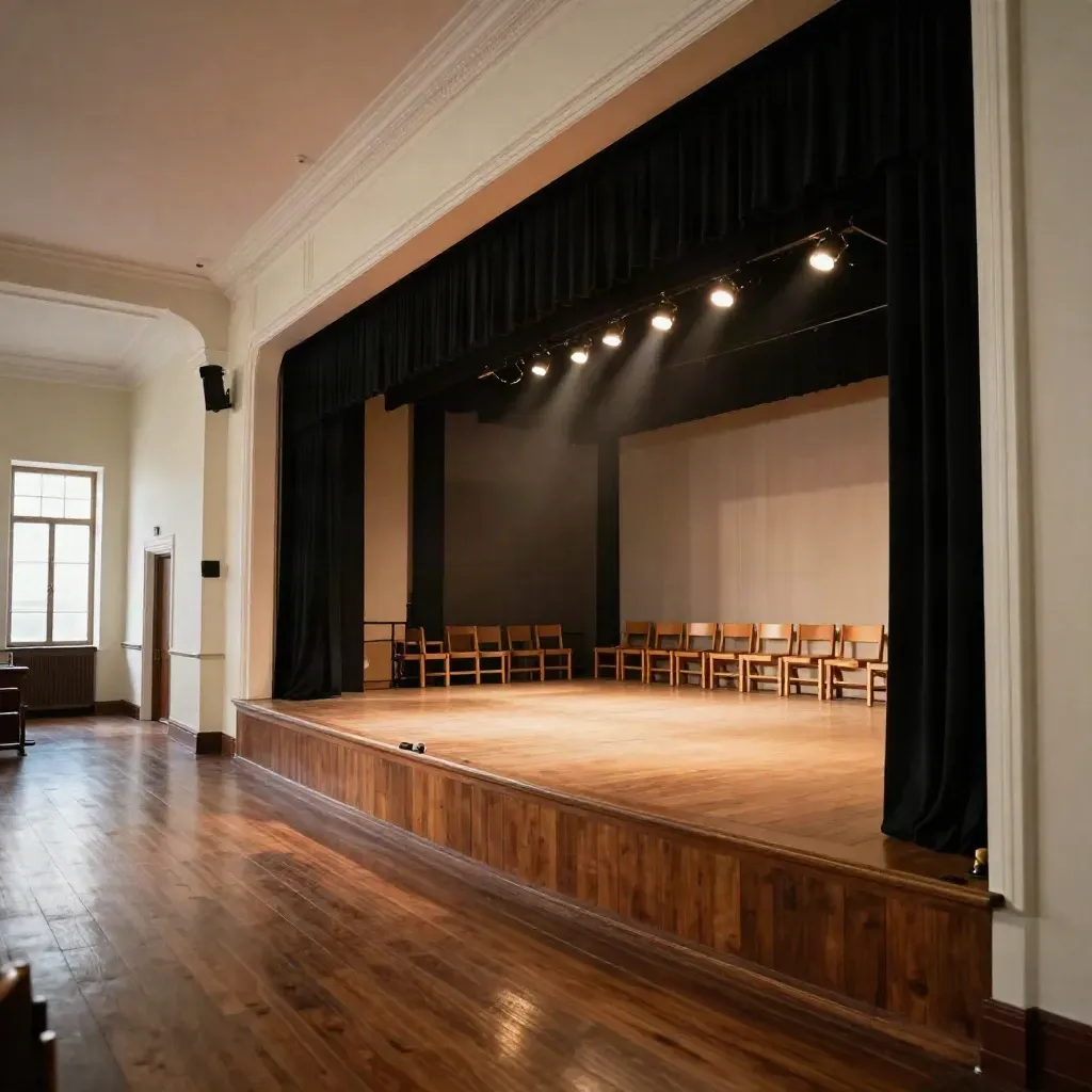 Palco teatrale vuoto e pronto al saggio, con luci calde e sedute bambini sul fondo.