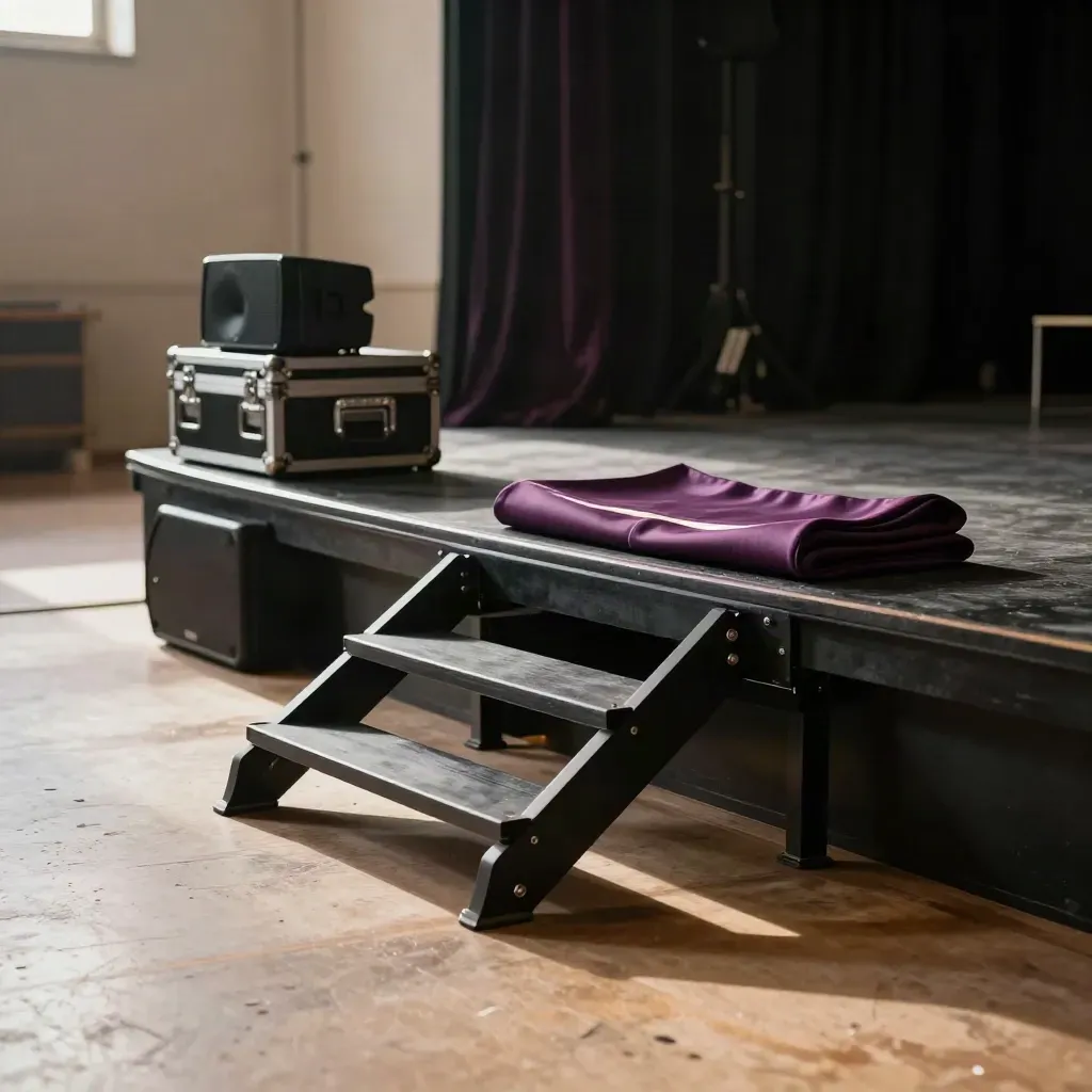 Piccolo palco black box con casse, fondale scuro e luce radente, atmosfera teatrale