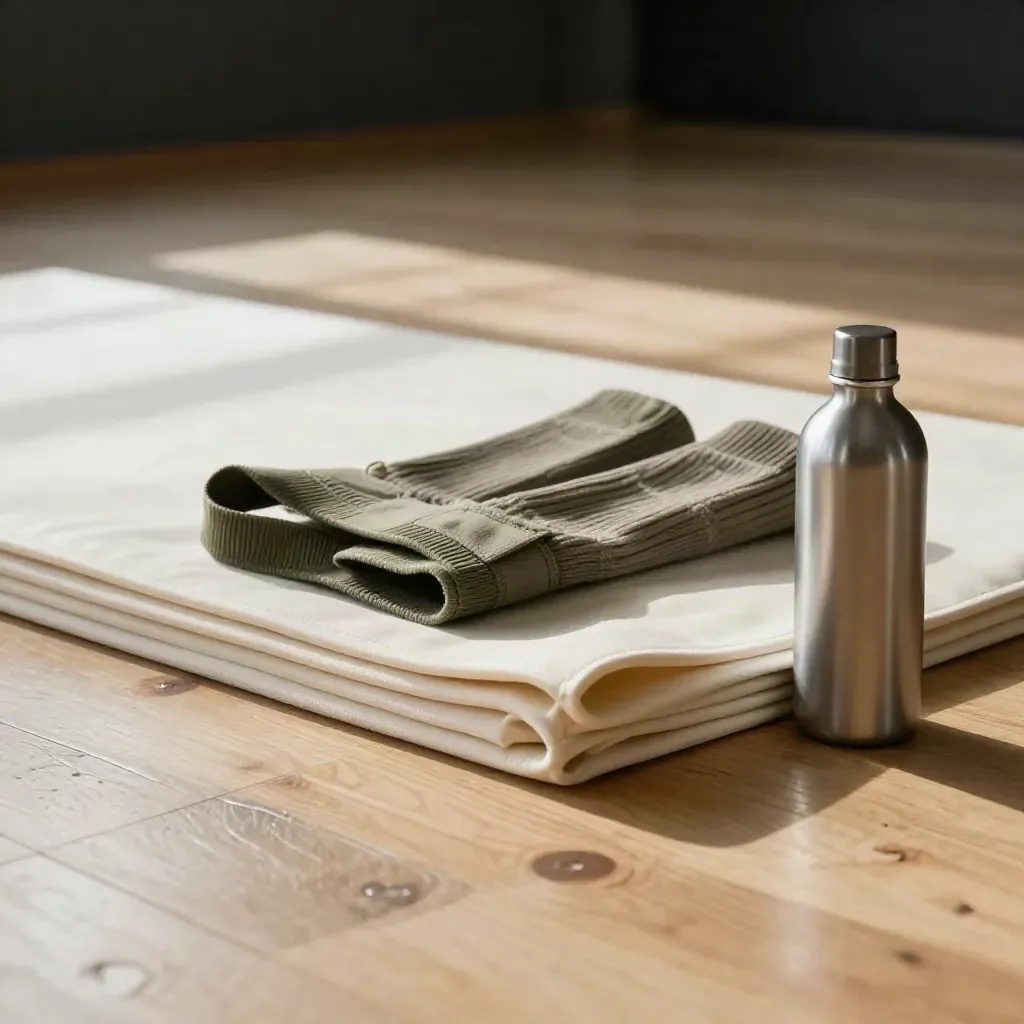 Kit dell’insegnante di modern su pavimento in legno, con tappetino piegato, elastico, scaldacaviglie e borraccia.