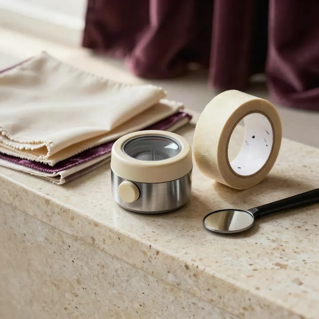 Kit direttore artistico con timer prove, tessuti scenici, nastro a pavimento e specchietto su travertino.