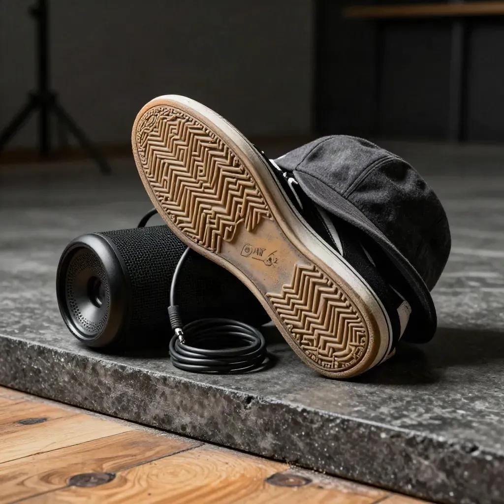 Suola di sneaker, speaker portatile, cappello morbido e cavo audio su pavimento da sala danza.