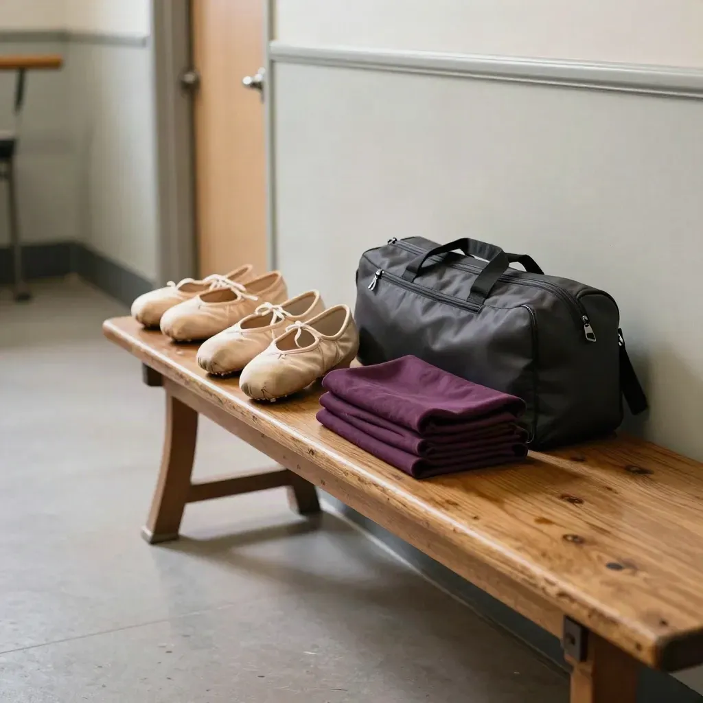 Kit da audizione pronto su una panca, con scarpe, scaldamuscoli e borsa in un corridoio vuoto.