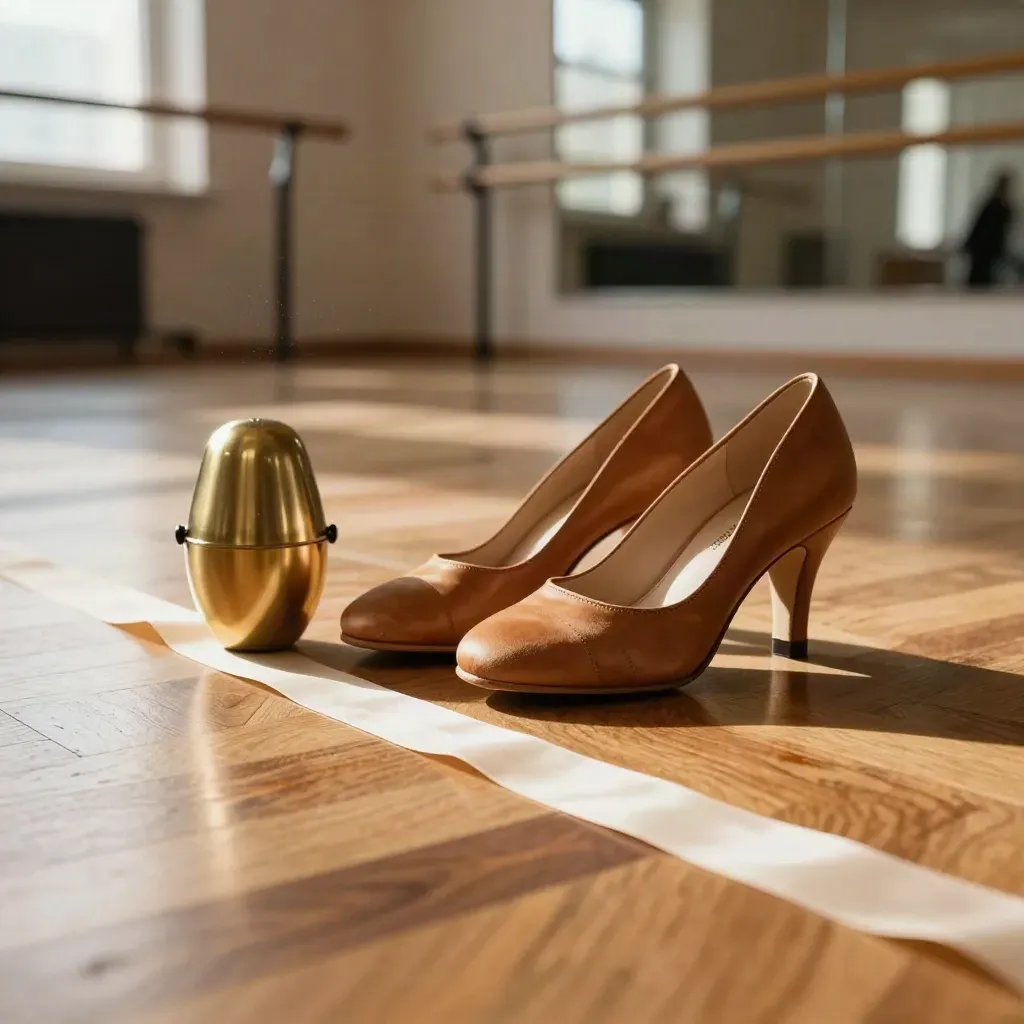 Studio di latina vuoto con scarpe da ballo, shaker e parquet lucido in luce calda.