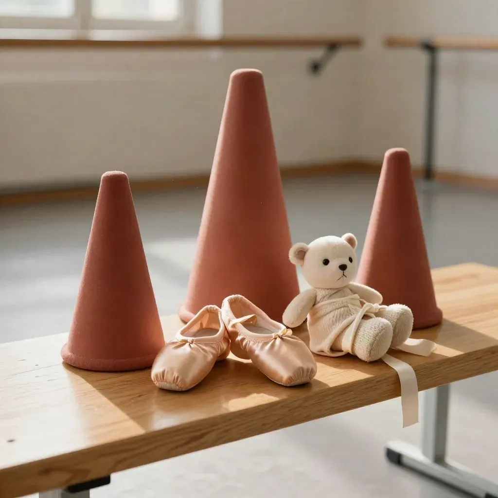 Kit junior con scarpette mini, coni morbidi, nastro e peluche su panca da danza.