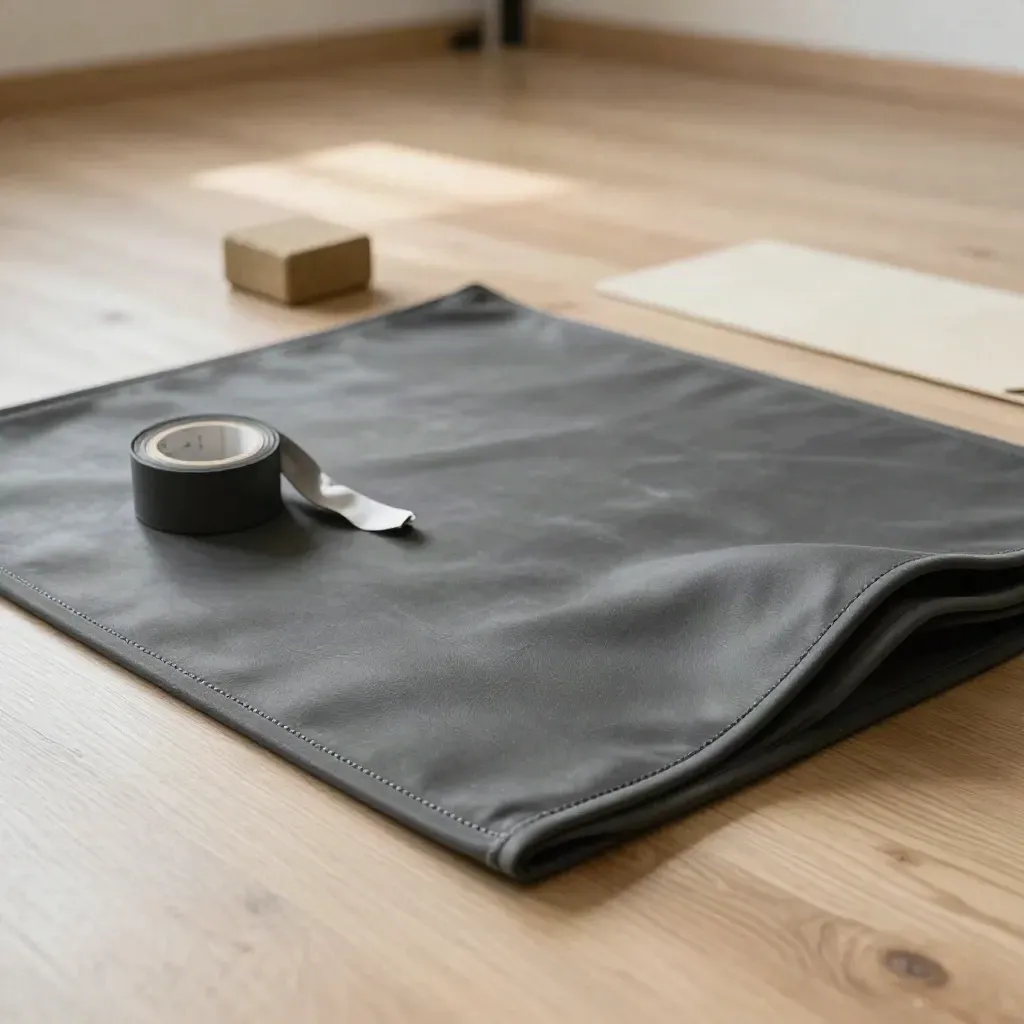 Kit prova in sala con tappeto piegato, cappuccio sbarra, nastro a terra e blocco in gomma su legno chiaro.