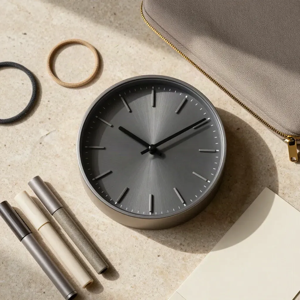 Flatlay di orologio da studio, elastici, astuccio chiuso e segnalini su pietra chiara.