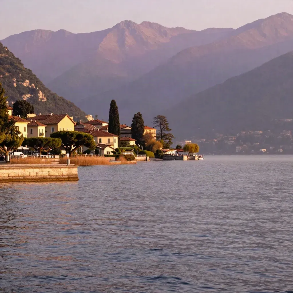 Lago di Como al tramonto con montagne in foschia e riva tranquilla in primo piano.