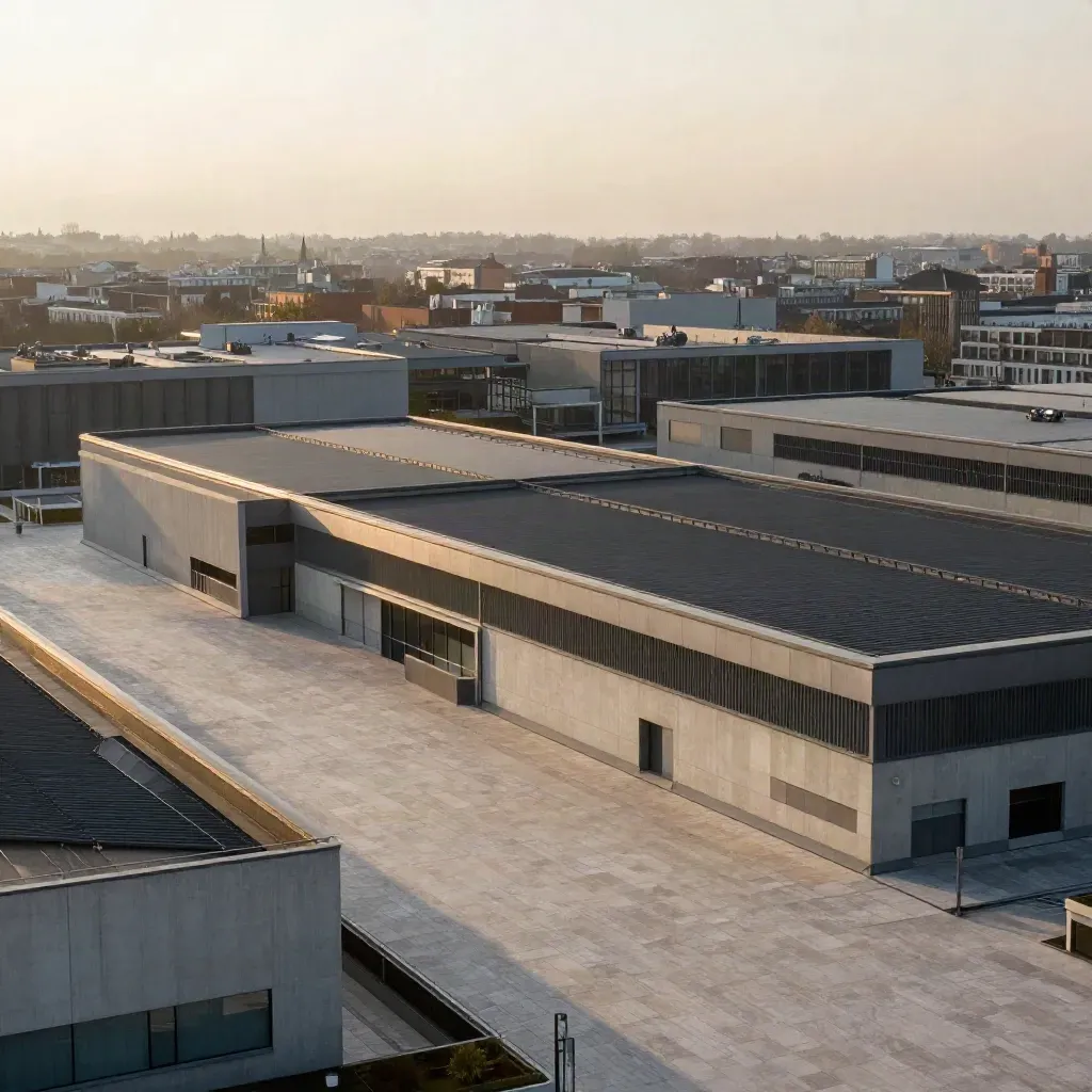 Vista di Milano Nord al tramonto dorato con architetture industriali e spazio calmo per il testo