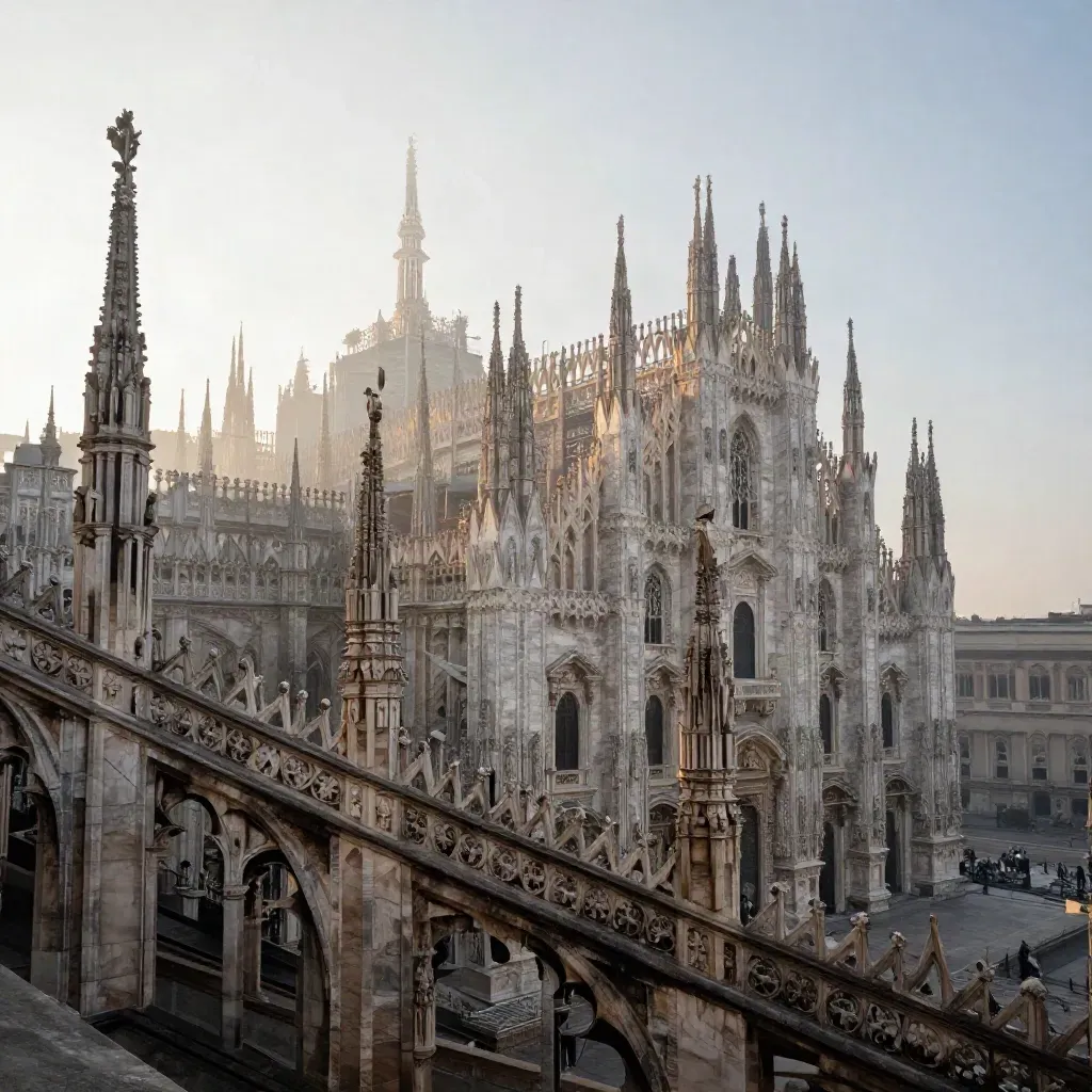 Il Duomo di Milano nell’alba fosca sopra tetti chiari e pietra avorio.