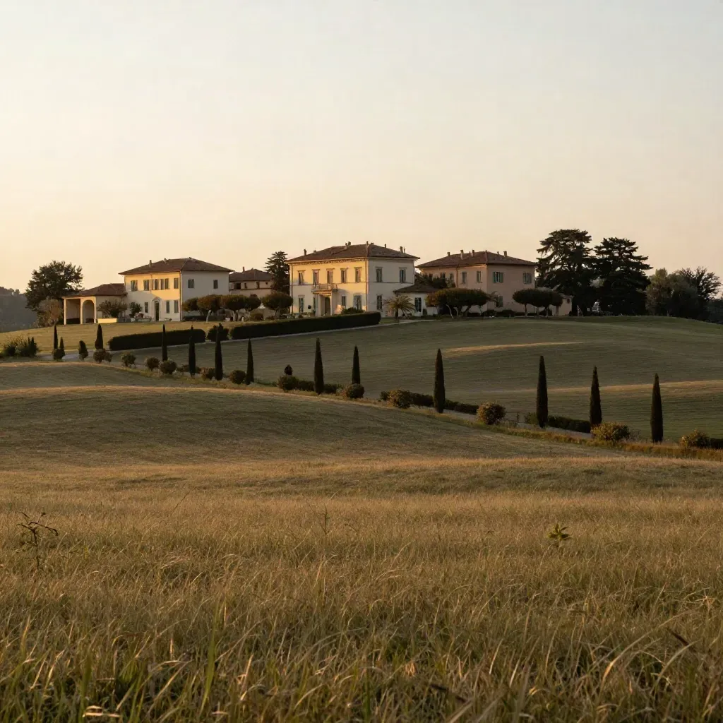 Paesaggio di Monza e Brianza all’ora d’oro con ville, filari e prato calmo sotto cielo chiaro.
